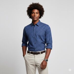 129 THEORY Men's Long Sleeve Plaid Shirt in 'Good Cotton', Blue, XL